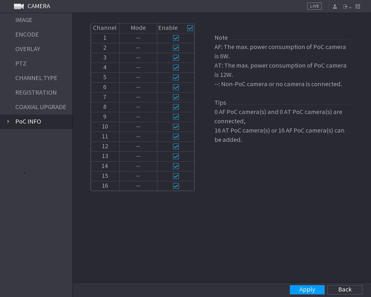 CAMERA PoC INFO interface listing channels with mode and enable status, plus Note and Tips about PoC camera power consumption