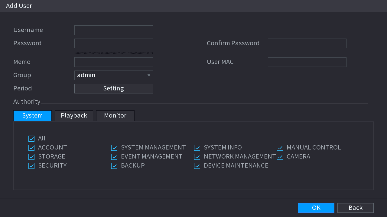 Add User dialog with fields for user name, password, confirm password, memo, user MAC, group selection, period, and authority tabs