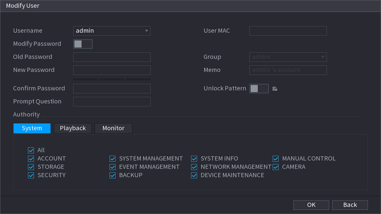 Modify User dialog with a Modify Password check box, old password and new password fields, and an Unlock Pattern option