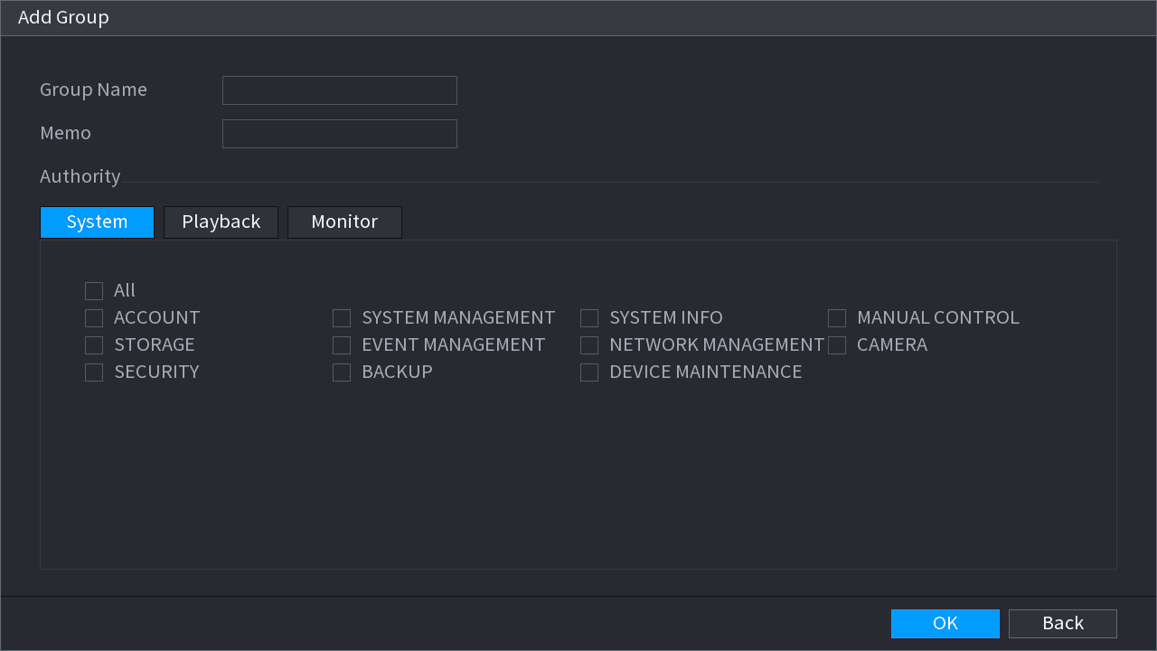 Add Group dialog with group name and memo fields and a list of authority check boxes
