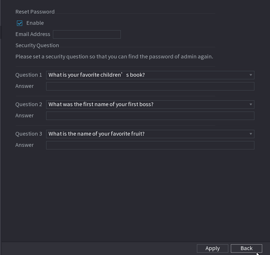 PASSWORD RESET interface with a Reset password check box and security question and answer fields