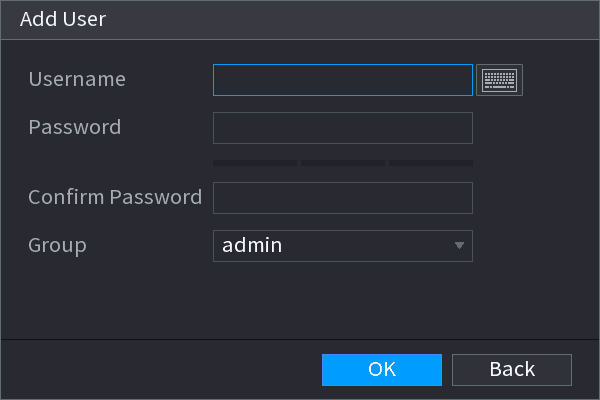 Add User dialog for ONVIF with user name, password, confirm password fields and a group dropdown