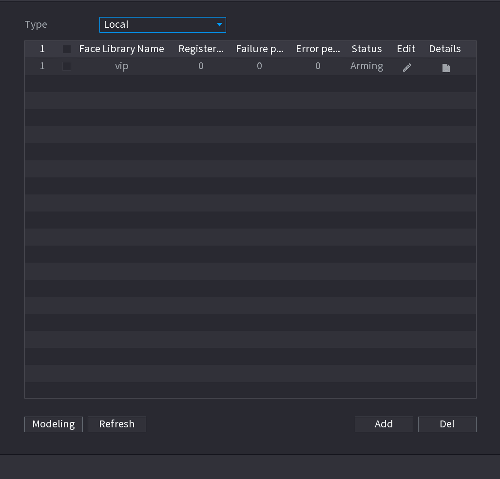 FACE LIBRARY interface showing the Type list and a table of face libraries with register, failure, error, status, edit and details columns