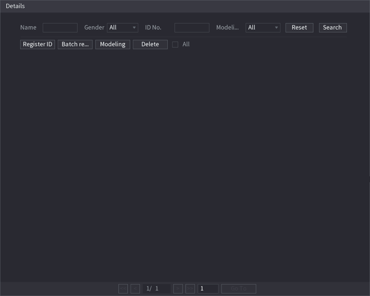 Details interface with Name, Gender, ID No. and Modeling search fields and Register ID, Batch register, Modeling and Delete buttons