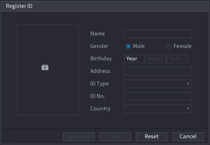 Register ID dialog with an add-picture box and Name, Gender, Birthday, Address, ID Type, ID No. and Country fields