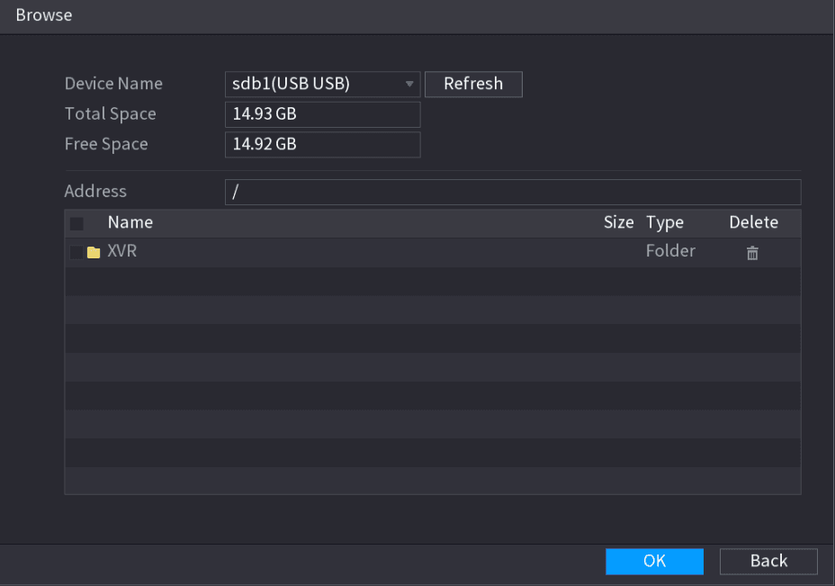 Browse dialog showing Device Name, Total Space, Free Space, Address and a file list with an XVR folder