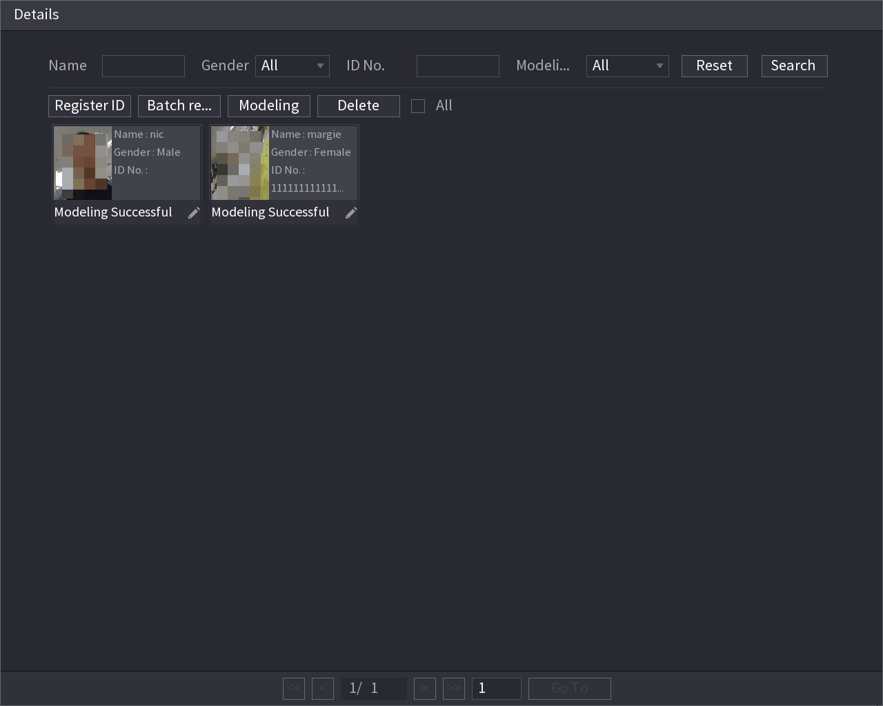 Details interface showing two registered face pictures, each labeled Modeling Successful