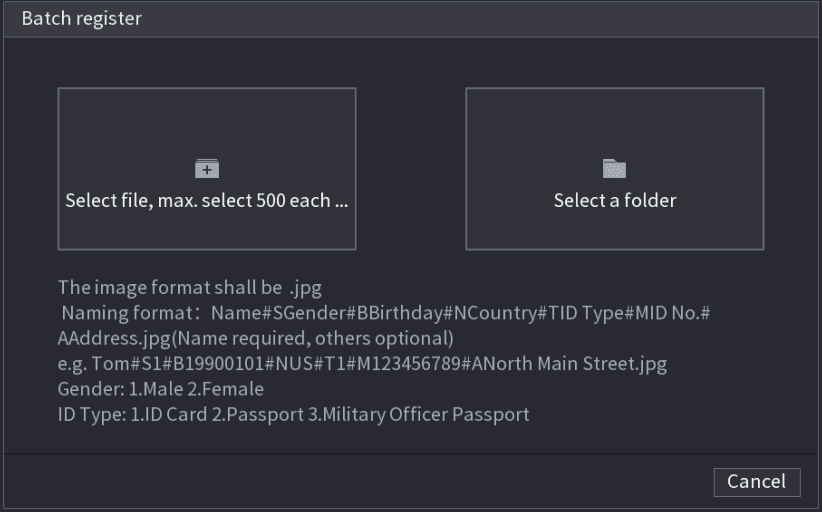 Batch register dialog with Select file and Select a folder options and image naming-format instructions