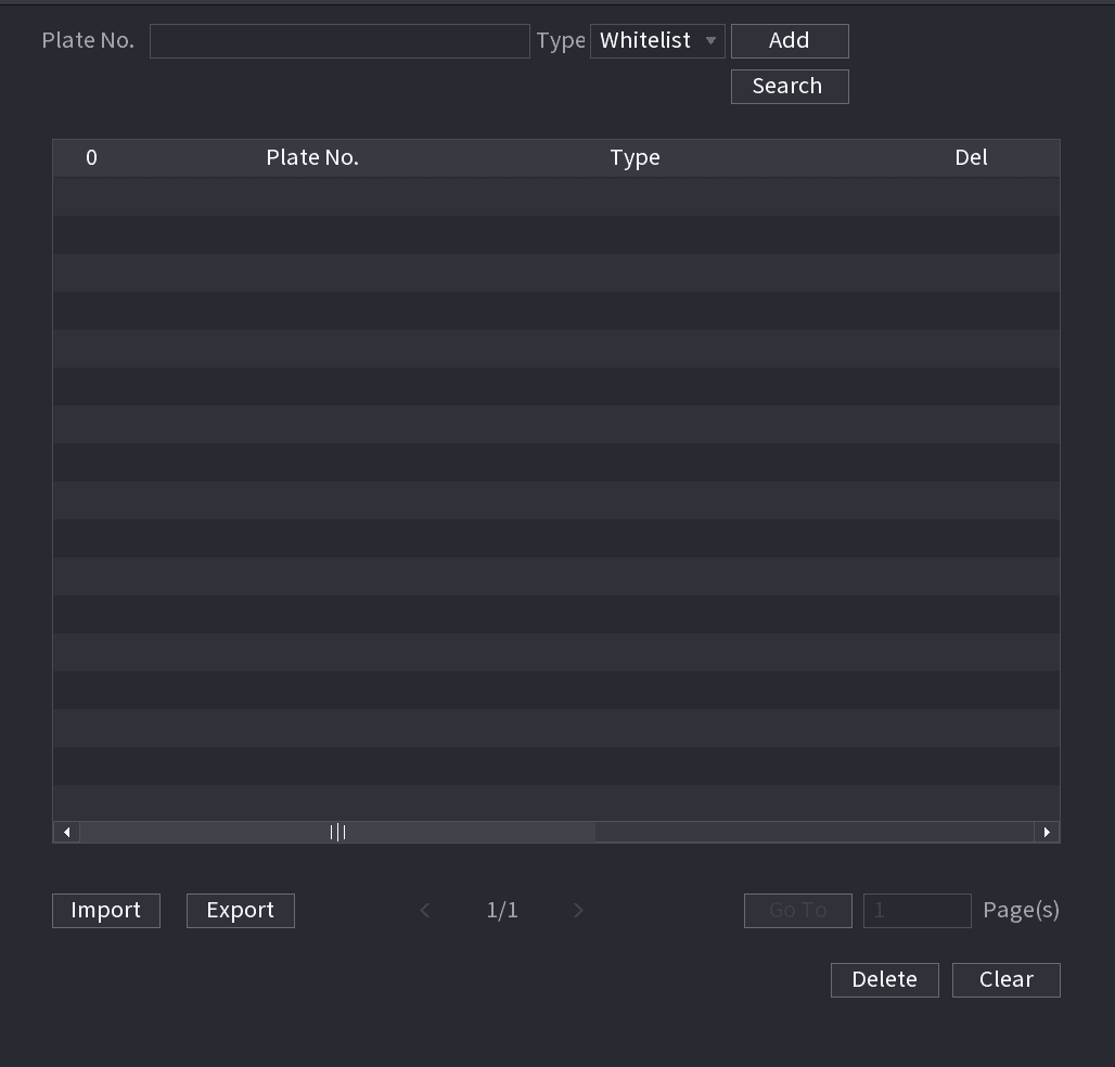 B/W List interface with a Plate No. field, a Type list set to Whitelist, Add and Search buttons, a plate results table and Import, Export, Delete and Clear buttons