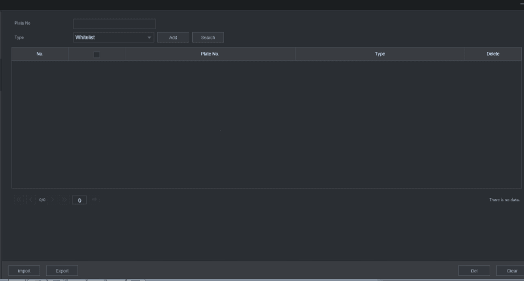 Black/whitelist search results interface with No., Plate No., Type and Delete columns and Import, Export, Del and Clear buttons