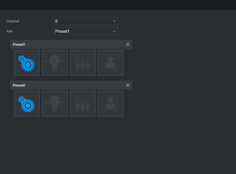 SMART PLAN interface showing Channel 8 with Preset1 and Preset2 rows of smart plan icons