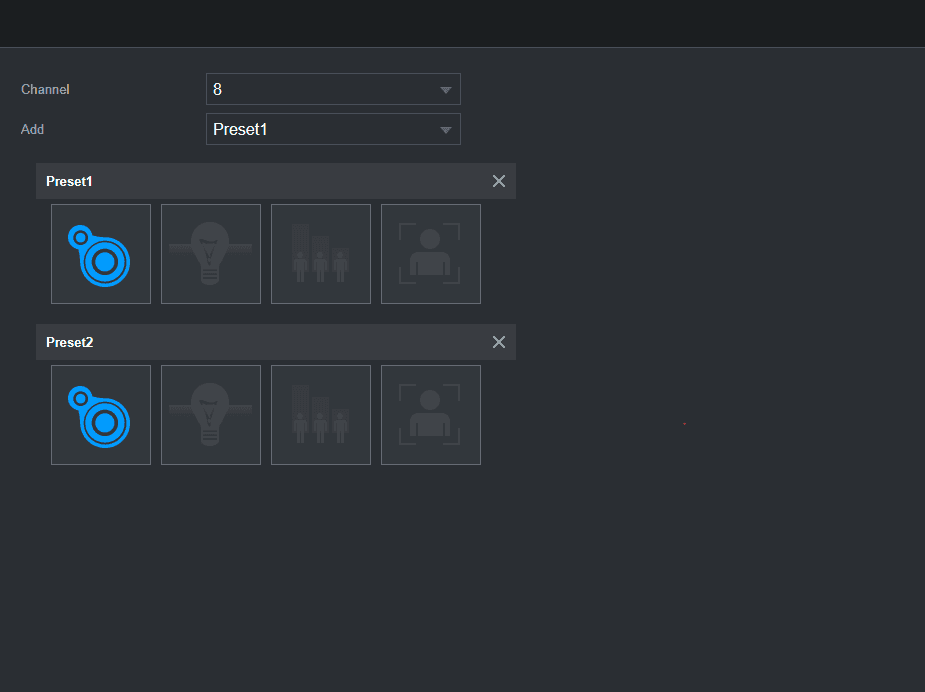 Smart plan interface for a device that supports the preset function, listing presets and their smart plan icons