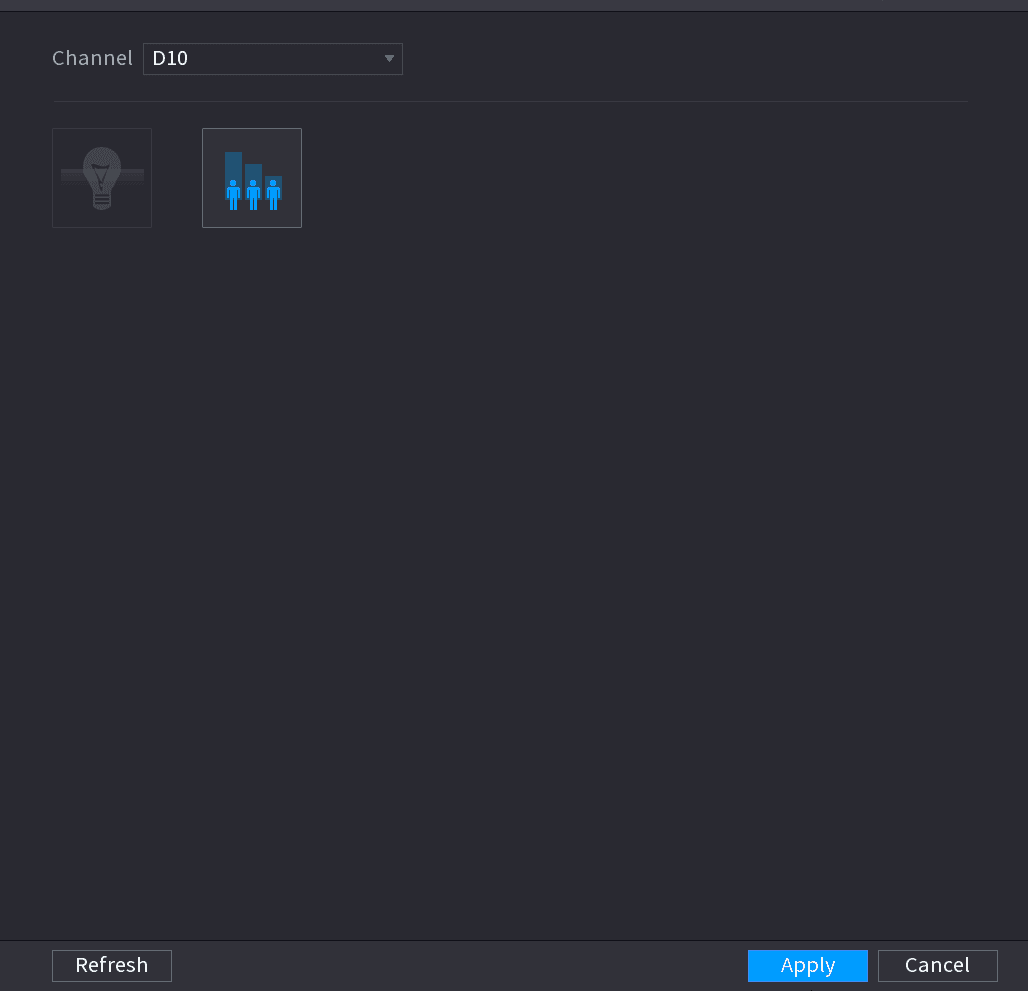 Smart plan interface for a device that does not support preset, showing Channel D10 with two selectable smart plan icons
