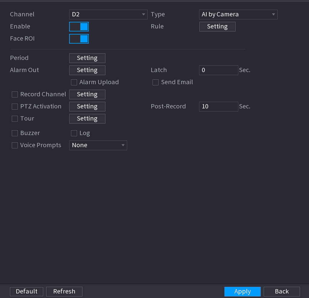 FACE DETECTION interface with Channel, Type, Enable, Face ROI and Rule settings