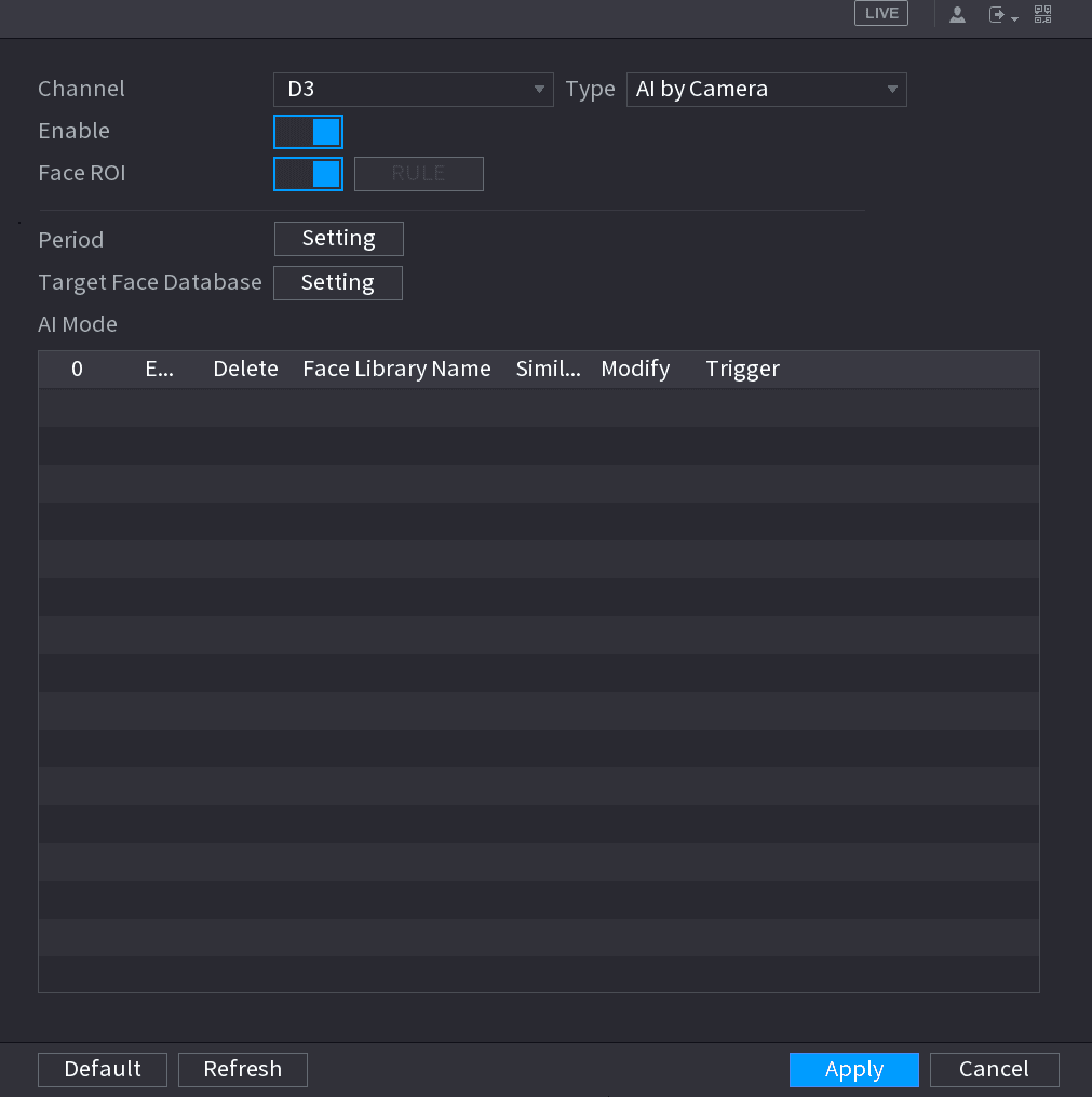 FACE RECOGNITION interface with Channel, Type, Enable, Face ROI, Target Face Database and AI Mode list
