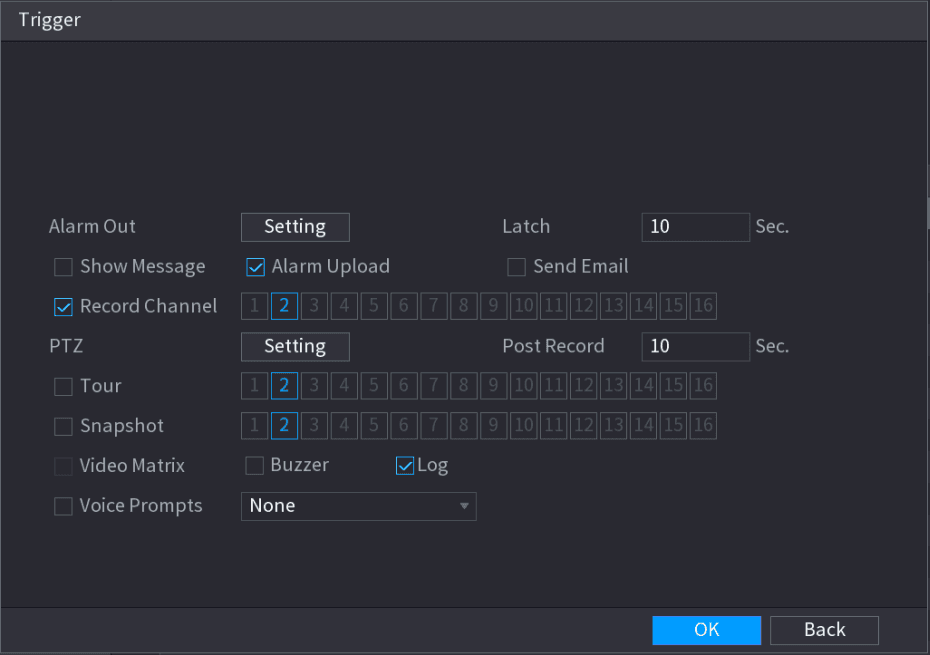 Trigger interface for face recognition alarm linkage with Alarm Out, Record Channel, PTZ, Tour and other options