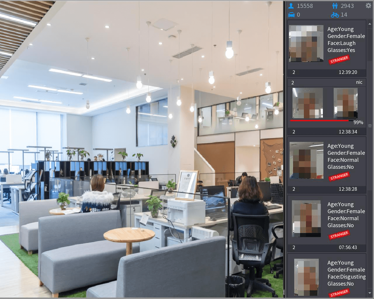AI live view showing face recognition matched results with captured face thumbnails and attributes