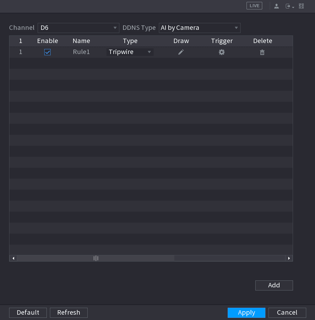 IVS rule list with a Tripwire rule selected for Channel D6