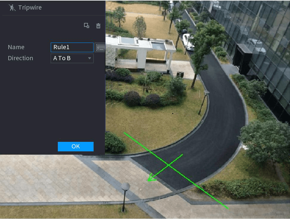 Tripwire drawing interface with Name, Direction A to B and a green tripwire line on the surveillance video