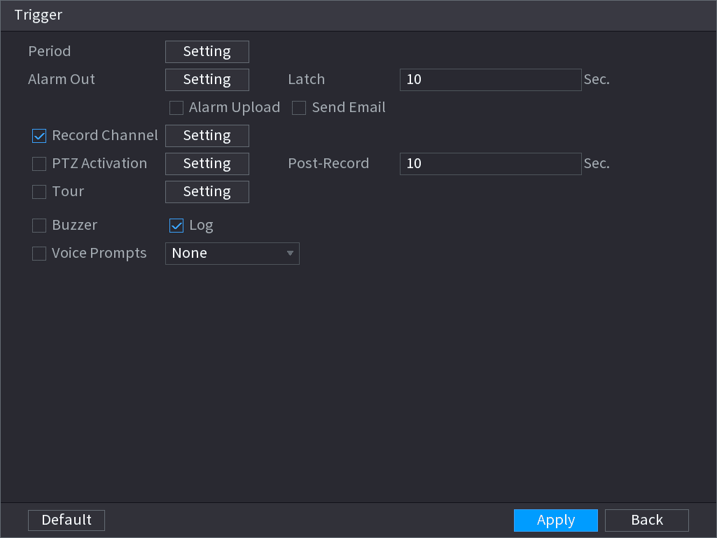 Trigger interface for tripwire alarm linkage with Period, Alarm Out, Record Channel and other options