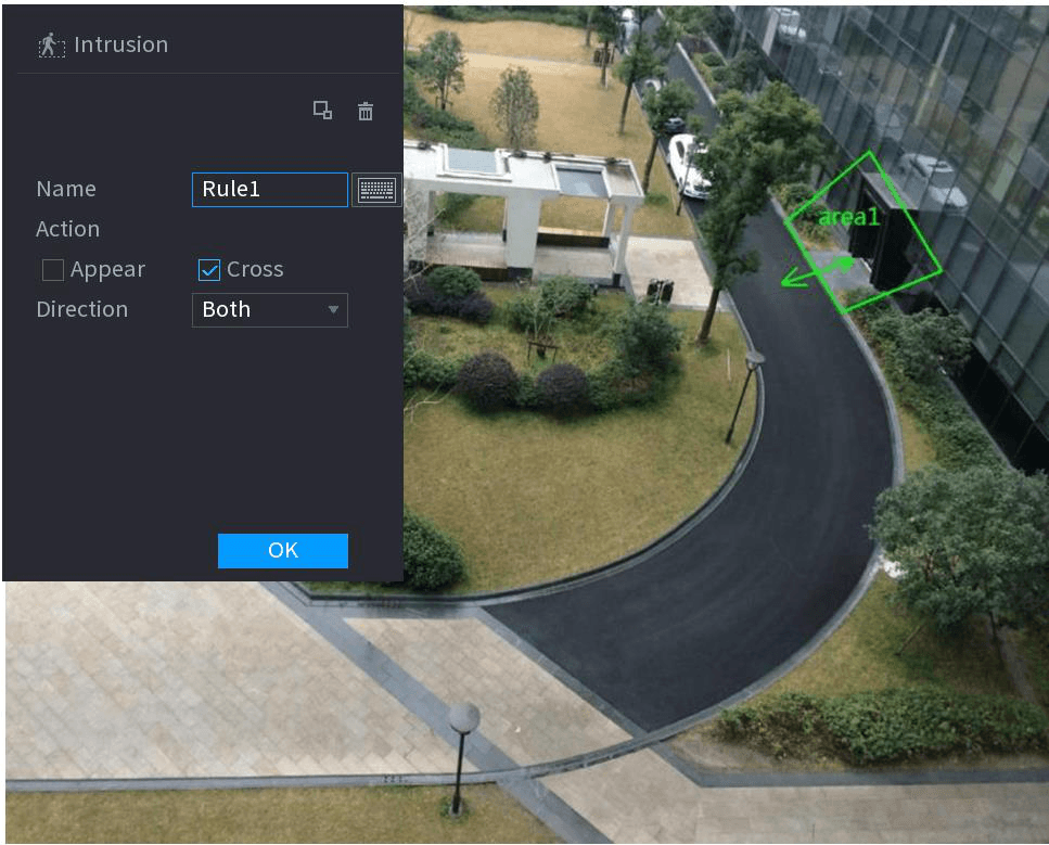 Intrusion drawing interface with the monitoring area outlined on the surveillance video
