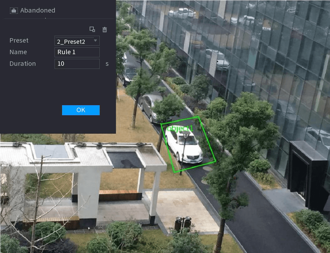 Abandoned object drawing interface with the detection zone outlined on the surveillance video