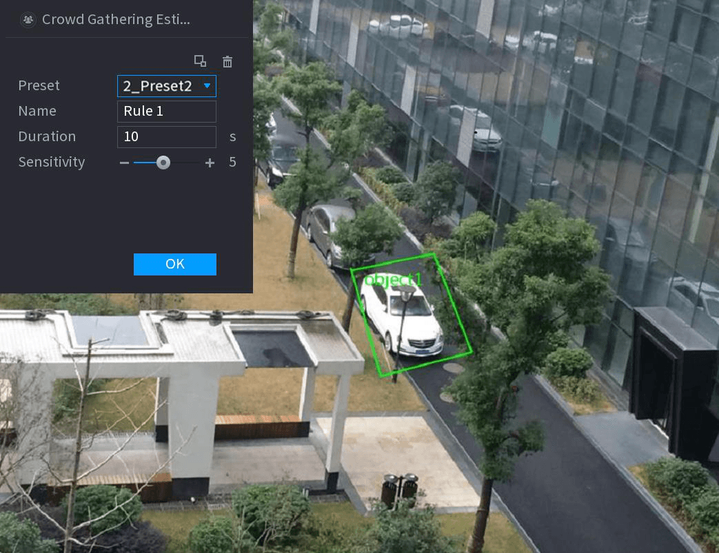 Crowd gathering drawing interface with the detection zone outlined on the surveillance video
