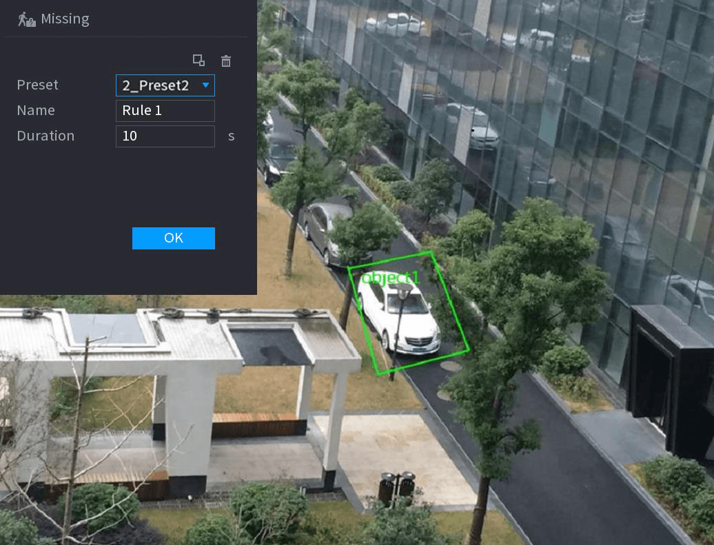 Missing object drawing interface with the detection zone outlined on the surveillance video