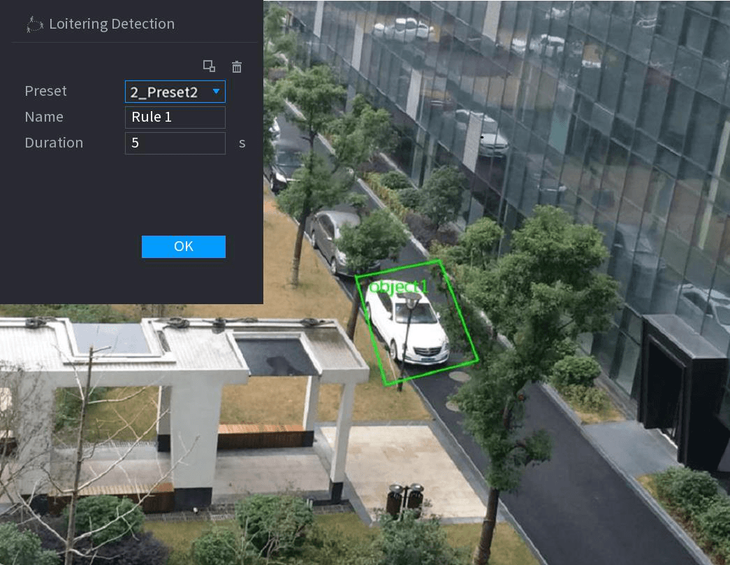 Loitering detection drawing interface with Name, Duration and the detection zone outlined on the surveillance video