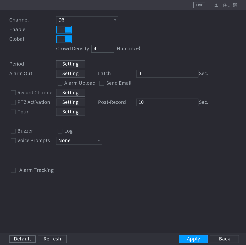 CROWD DISTRIBUTION interface with Channel D6, Enable, Global, Crowd Density and alarm linkage options