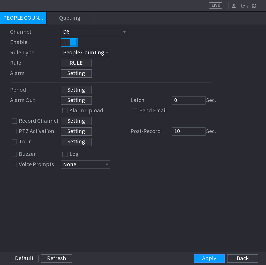 PEOPLE COUNTING interface with Channel D6, Rule Type People Counting, Rule and Alarm settings