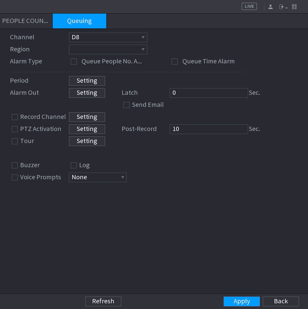 Queuing interface with Channel D8, Region, Alarm Type and alarm linkage options