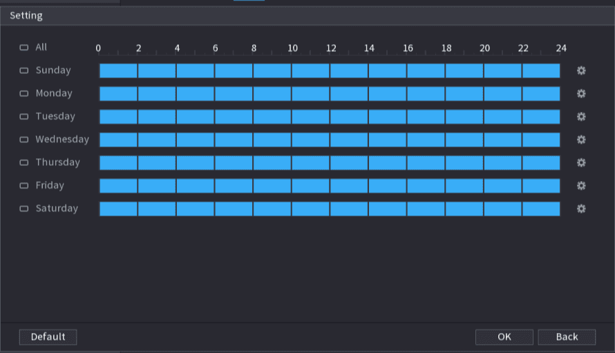 Setting interface for the heat map arm/disarm period with a weekly schedule grid