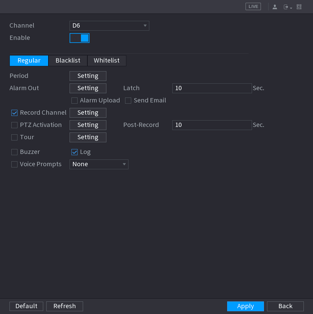 ANPR interface with Channel D6, Enable, and Regular, Blacklist and Whitelist tabs with alarm linkage options