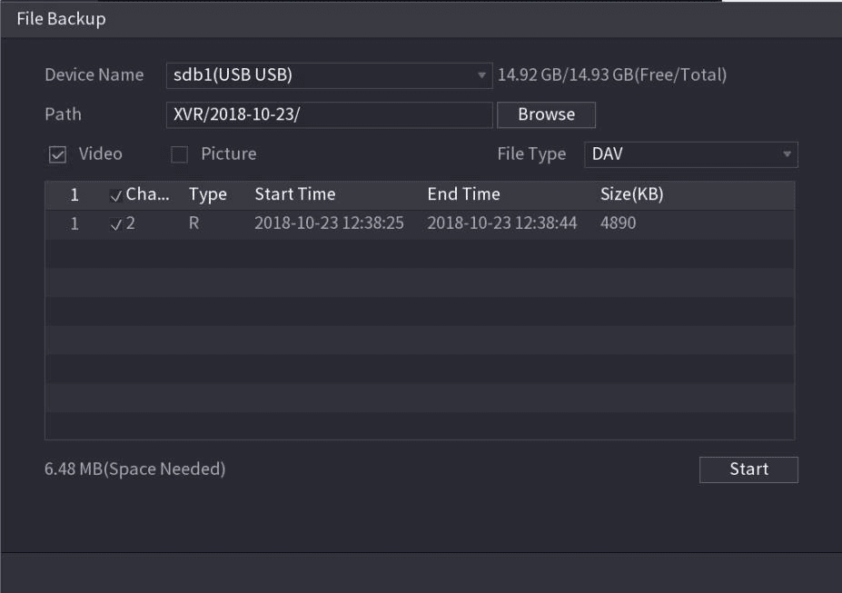 File Backup dialog with device name, save path, video and picture file type options
