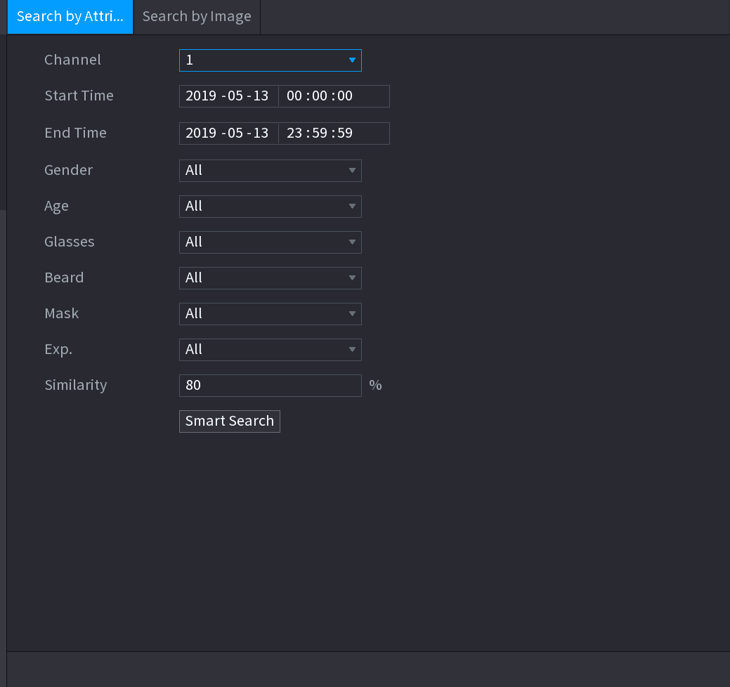 Search by Attributes interface with channel, time, gender, age, glasses, beard, mask, expression, and similarity fields