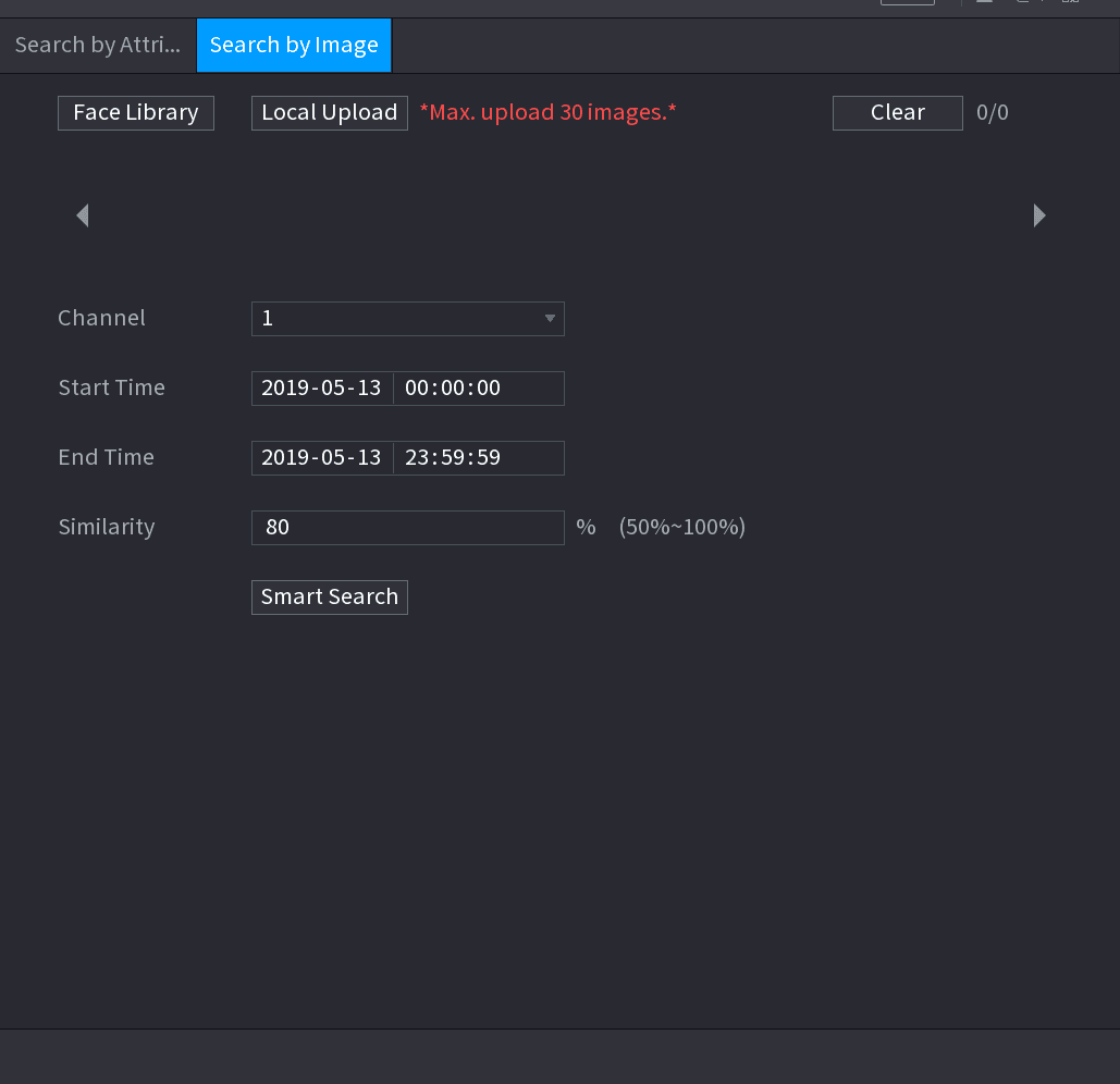 Search by Image interface with Face Library and Local Upload buttons, channel, time, and similarity fields