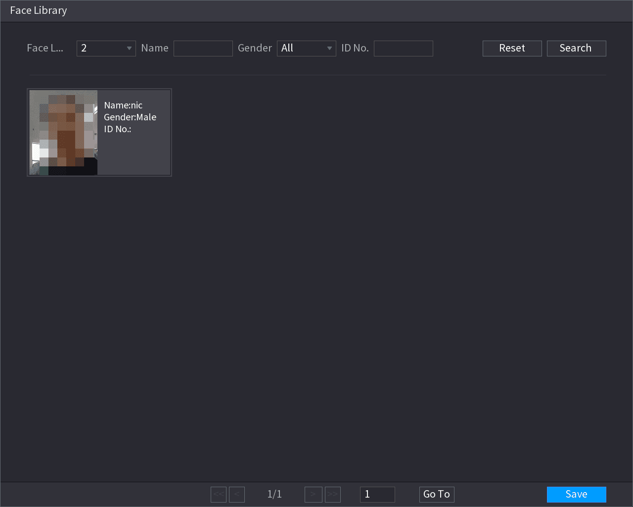 Face Library selection dialog showing a registered face with name, gender, and ID number