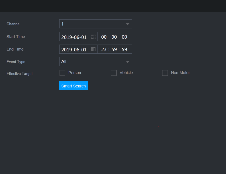 IVS search interface with channel, start time, end time, event type, and effective target options for person, vehicle, and non-motor