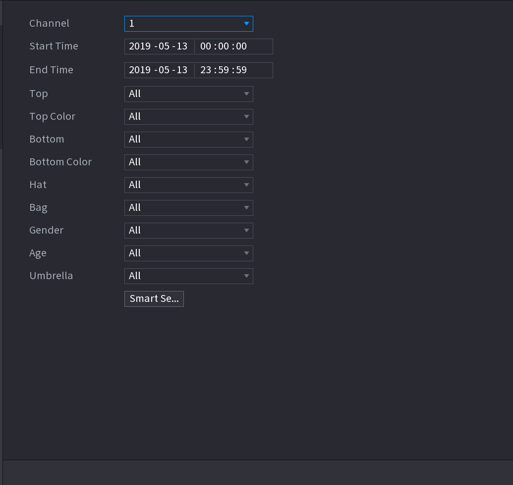 Human Body Detection interface with channel, time, top, top color, bottom, bottom color, hat, bag, gender, age, and umbrella filters