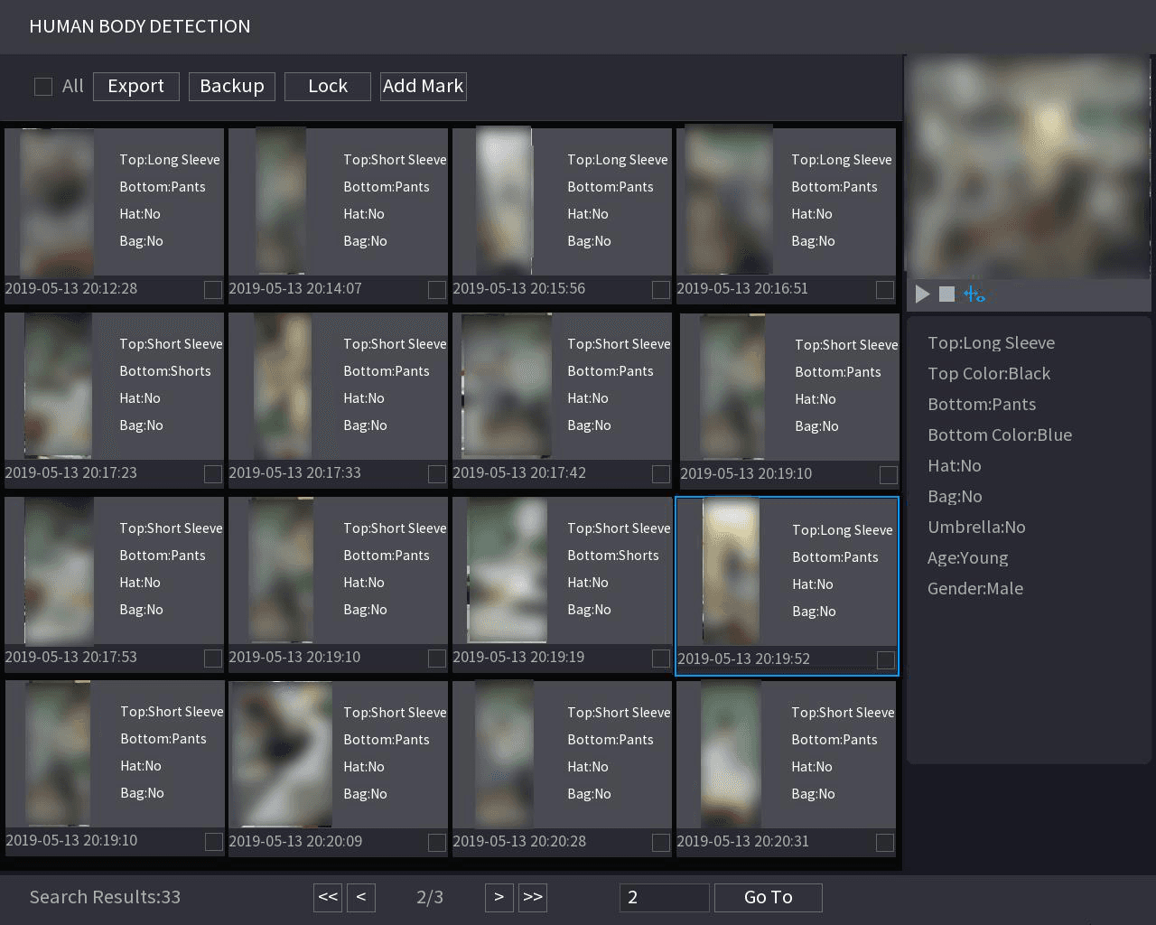 Human Body Detection results grid showing detected people with clothing color, hat, bag, age, and gender attributes