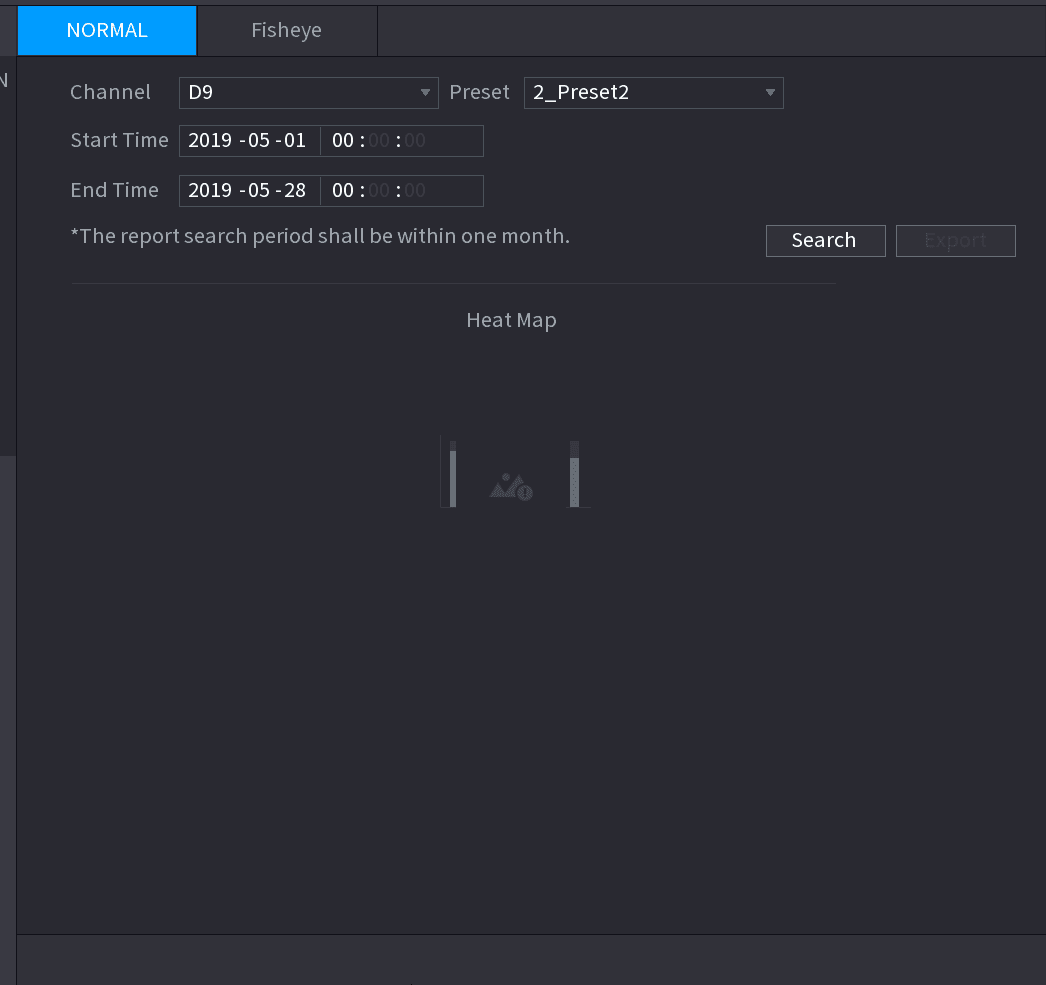 Heat Map Normal interface with NORMAL and Fisheye tabs, channel, preset, start time, and end time fields
