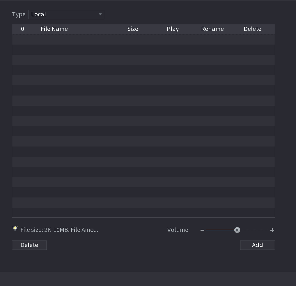 File Manager interface showing the audio file list with Type, File Name, Size, Play, Rename, and Delete columns plus a volume slider and Add button