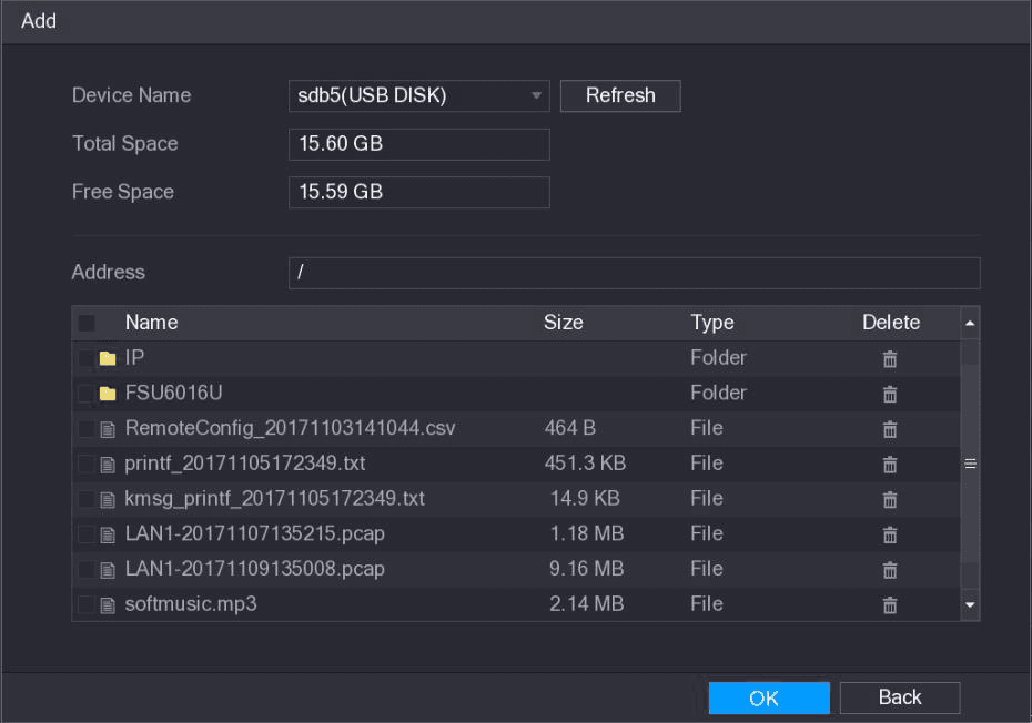 Add interface listing files on the connected USB DISK device with Device Name, Total Space, Free Space, and a file browser