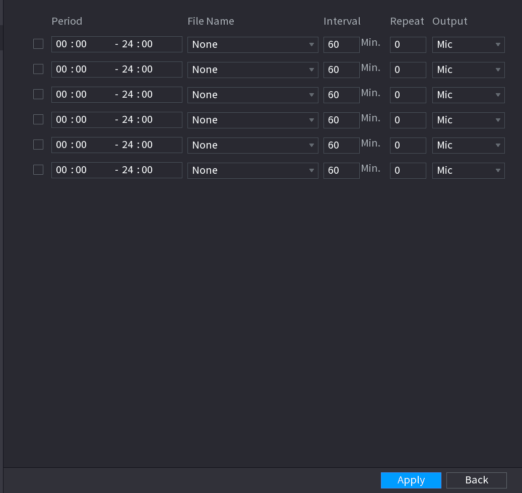 Schedule interface with six rows for Period, File Name, Interval, Repeat, and Output settings
