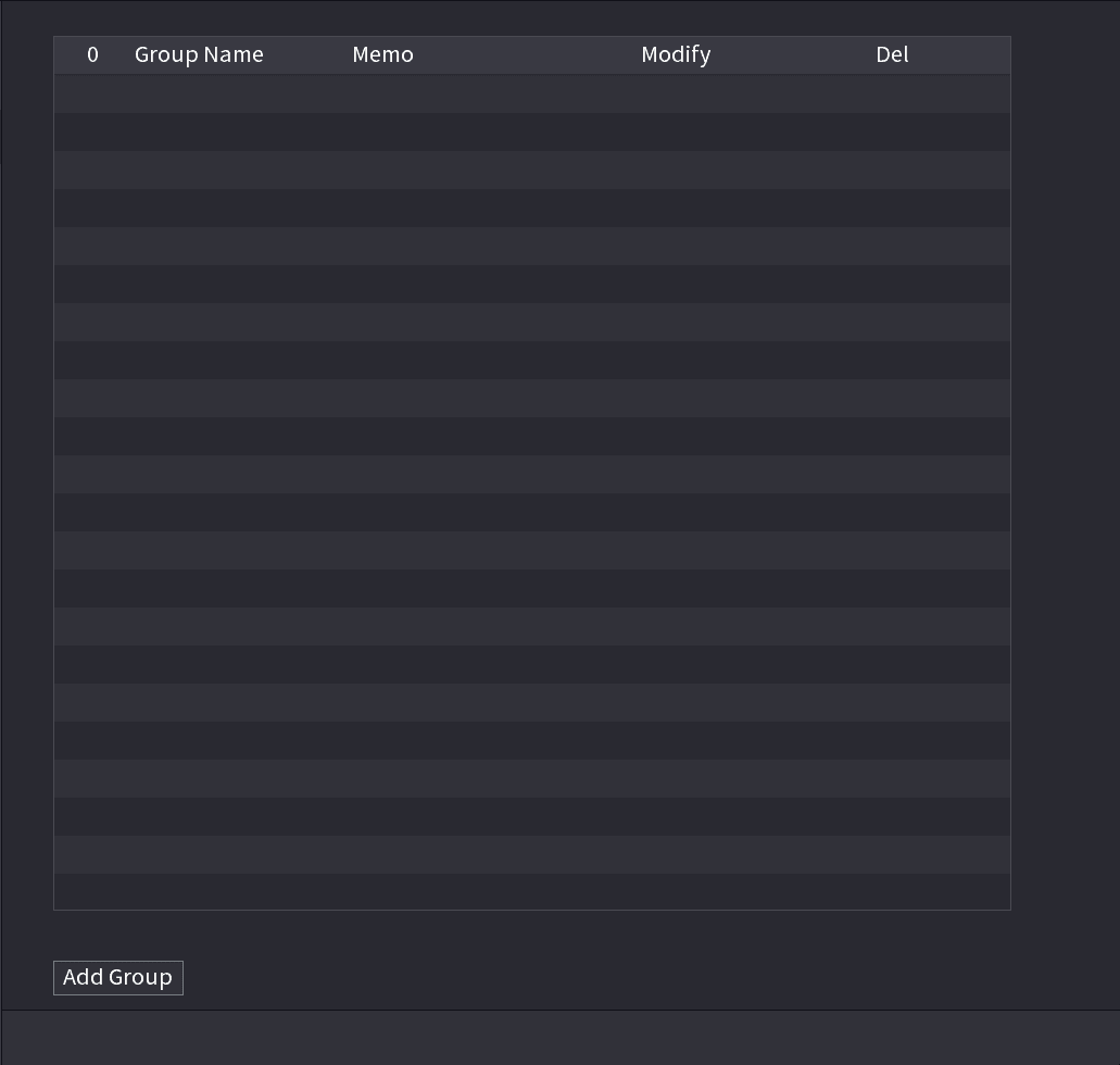 BROADCAST interface showing the broadcast group list with Group Name, Memo, Modify, and Del columns and an Add Group button