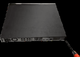 Rear and side of the 1U chassis with a screwdriver loosening the panel screws