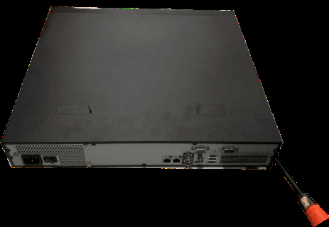 Rear of the 1.5U chassis with a screwdriver loosening the rear-panel screws