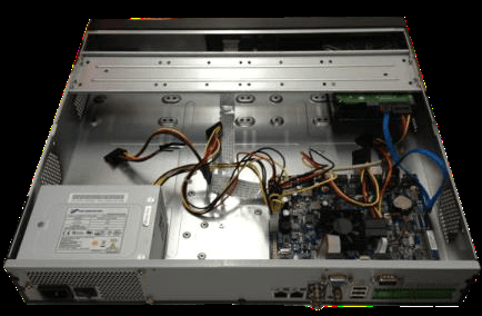 Rear of the 2U chassis with a screwdriver loosening the rear-panel screws