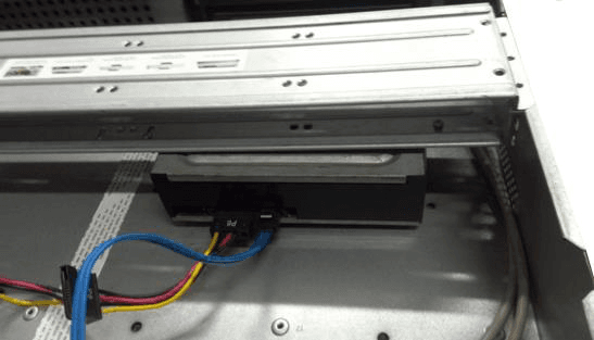 SATA cable and power wire connected to the CD-ROM inside the chassis